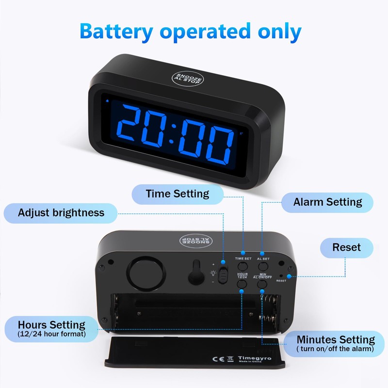Timegyro Digital Alarm Clock Battery Operated with LED Display for