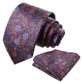 Alizeal Mens Floral Necktie with Pocket Square for Wedding Party Tie and Handkerchief Set, Dark Purple+Orange