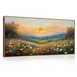 HOURIA Boho Sunrise Wildflower Framed Canvas Wall Art Set,Watercolour Nature Inspired Landscape Wall Decor,Colorful Floral Scenery Artwork,Modern Art Prints for Living Room,Bedroom,Farmhouse-20"x40"x1