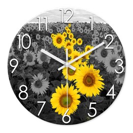 XFM Glass Sunflower Wall Clock for Office Kitchen Yellow Analog Wall Clocks Battery Operated 12 Inch Farmhouse Rustic Wall Clock Silent Non Ticking Artistic Wall Clock