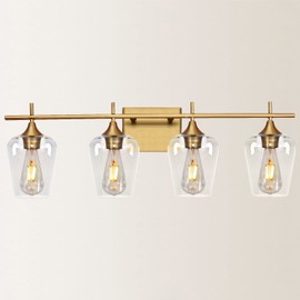 Zicbol 4 Light Bathroom Vanity Light, Bronze Brass Vanity Light Fixtures Over Mirror with Glass Shade, Wall Sconce Lighting for Bath Living Room