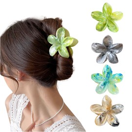 GlamRays Flower Hair Clips, Pack of 4 Hawaii Plumerias Flower Hair Claws, Artistic Multicoloured Lubrication Patterns Barrettes Hair Clips, Beach Tropical Hair Accessories, Colour A