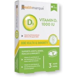 Vitamin D3 Tablets 1000iu 3 Month Supply - Premium Grade Vitamin D Supplements by Healthmarque UK; 25mcg, 90 Tablets, Bone, Muscle & Immune Support