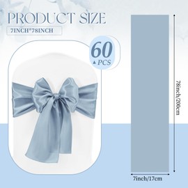 Lykoow 60 Pcs Dusty Blue Chair Sashes 78 inch Satin Chair Bows Sashes for Party, Hotel, Wedding, Reception, Restaurant Event Decoration (7 x 78 inch)