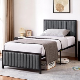 VECELO Twin Size Bed Frame with Upholstered Headboard, Heavy Duty Steel Slats Platform, No Box Spring Needed, Dark Grey