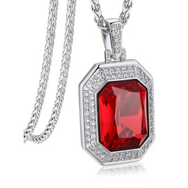 Bandmax Mens Hip Hop Necklace Big Red Stone Pendant with Shining Cubic Zirconia Sparkling Ruby Red Crystal Necklace Chain for Men Biker