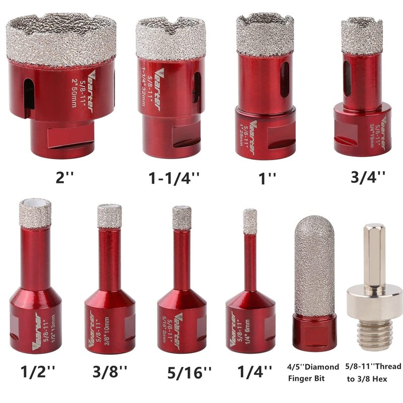 Vearter 10PCS/Set Vacuum Brazed Diamond Masonry Hole Saw Kit, 1/4''-