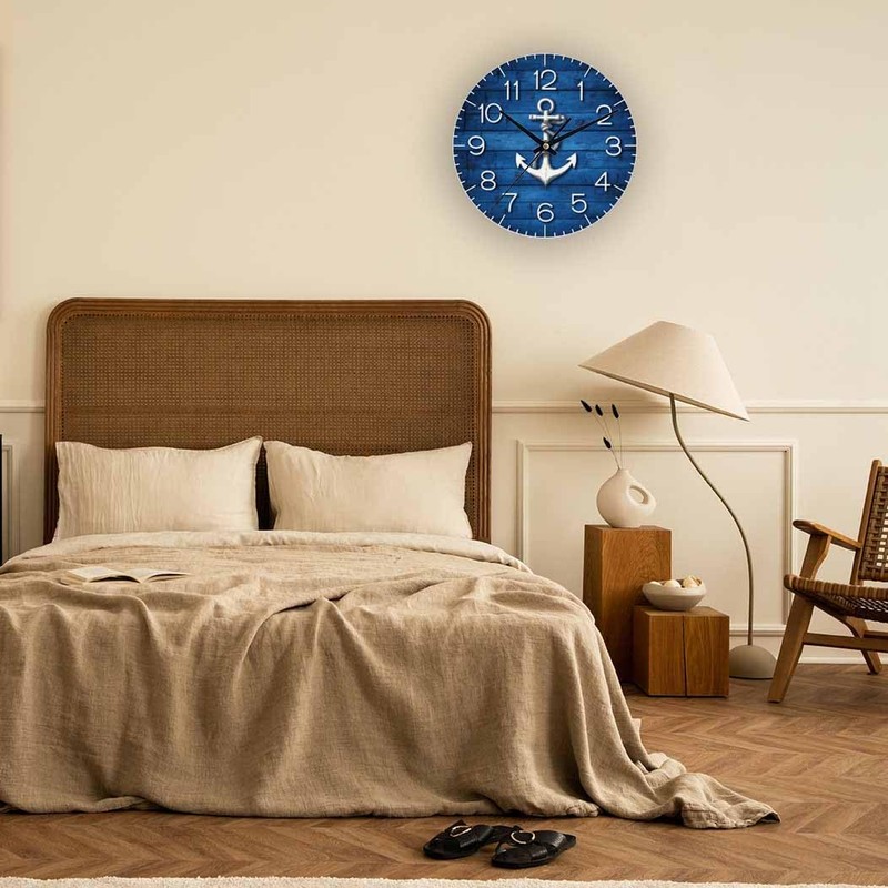 White Anchor Wall Clock Battery Operated Nautical Vintage Wood Blue