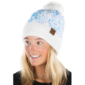 Funky Junque Winter Beanie for Women Sequin Faux Fur Chunky Knit Pom Pom Hat Skullcap Soft Warm Fuzzy Smooth, Chunky Sequin - White, One Size