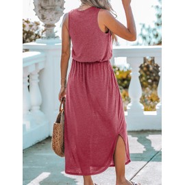 CUPSHE Women Knit Midi Summer Dress Cover Up Side Slit Cinched Waist Round Neck Casual Sundress Beach Cover Ups Dresses, Rose Pink L