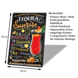 Tequila Sunrise Cocktail Recipe Tin Sign - Retro Decorative Sign - Metal Sign for Decoration of Kitchen Beach Bar Pub Cellar Bar Lounge Pub - Instructions for Mixing Cocktail Long Drink - 20 x 30 cm