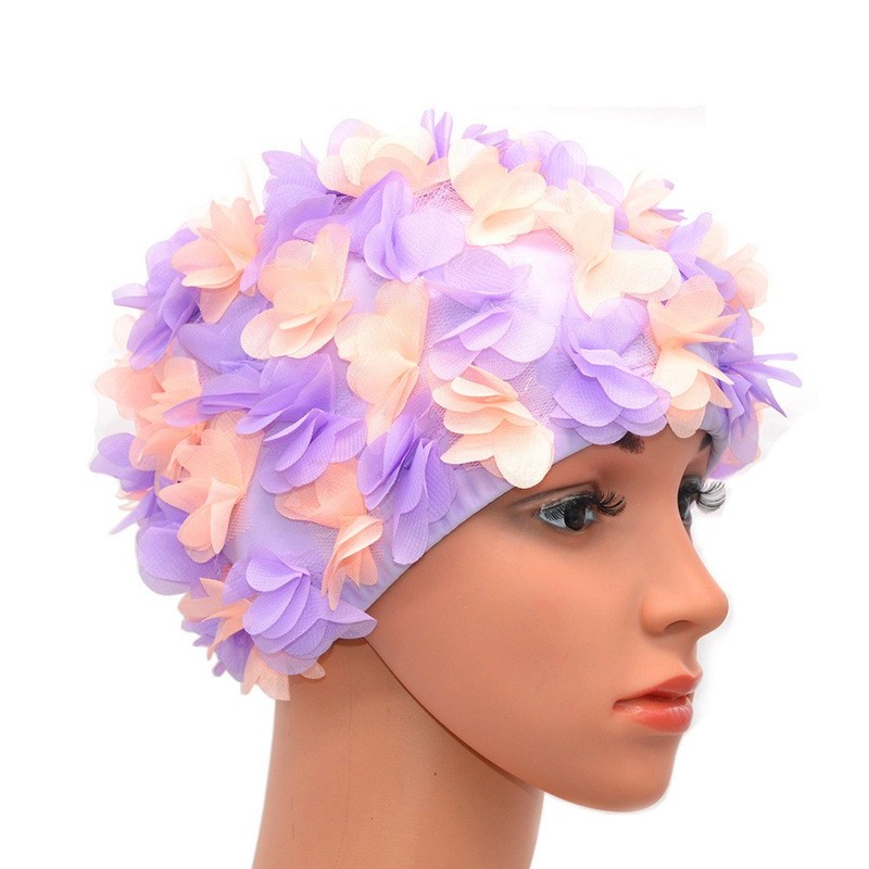 Medifier Badekappe mit Blumenmuster, Retro-Stil, für Damen, Lila und Hellrosa
