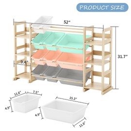 Extra Large Toy Storage - Toy Storage Organizer, Wooden Toy Organizer with 6 Side Shelves and 12 Storage Bins, 3-in-1 Toy Storage and Bookshelf for Kids Rooms, Playroom, Bedroom, Nursery, Multi Color