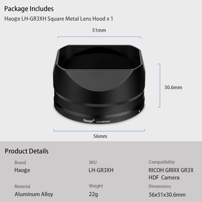 Haoge Metal Square Lens Cover for RICOH GRIIIX, GR3X and
