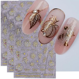 POWPOP Fall Nail Art Stickers Autumn Pumpkin Maple Leaf Crystal Nail Decals 3PCS Gold Fall Leaf Pumpkin Heart Nail Design Adhesive Stickers Nail Art Supplies for Thanksgiving Day DIY Nail Decoration