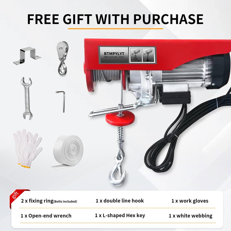 BTMPYLYT 110V Electric Hoist Winch 880 LBS Double Hook Lifting