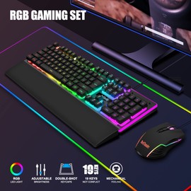 RedThunder RedThunder K10 Wired Gaming Keyboard and Mouse and Wrist Rest Combo, RGB Backlit, Mechanical Feel Anti-ghosting Keyboard + 7D 7200 DPI Mice+Soft Leather Wrist Rest 3 in 1 PC Gamer Accessories(Black)