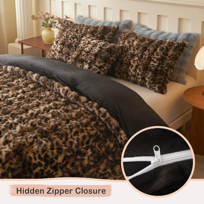 LIFEREVO Cheetah Print Soft Faux Rabbit Fur Duvet Cover Set