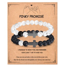 Couple Bracelets Gifts for Couples with Pinky Promise Card, Cross Charm Long Distance Touch Bracelets, Natural Bead Bracelets for Girlfriend Boyfriend Husband Wife Anniversary Valentines Day Gifts