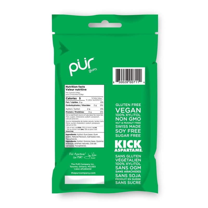 PUR 100% Xylitol Chewing Gum, Spearmint, Sugar + Aspartame Free,