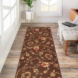 Kapaqua Custom Size Brown Floral Rubber Backed Non-Slip Hallway Stair Runner Rug Carpet 31 inch Wide Choose Your Length 31in X 30ft
