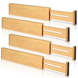 4 Pack Bamboo Drawer Dividers, Adjustable Length from 12 Inch to 17 Inch, Expandable Kitchen Drawer Organizer, Drawer Organization Separators for Clothes, Kitchen, Bedroom, Dresser, Office (Beige)