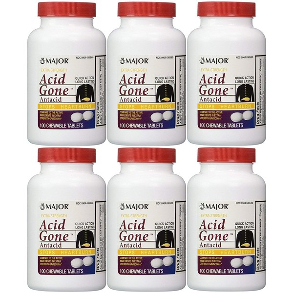 Acid Gone Antacid Chewable Generic for Gaviscon Extra Strength Chewable Tablets 100 Ct. Per Bottle Pack of 6 Bottles Total 600 Tablets