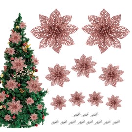 ilauke 30Pcs Christmas Poinsettia Artificial Flowers, Glitter Poinsettia Flower, Christmas Tree Ornaments, Glitter Fake Flower for Wedding Christmas Decorations, Xmas Garland Wreath Decor, Rose Gold