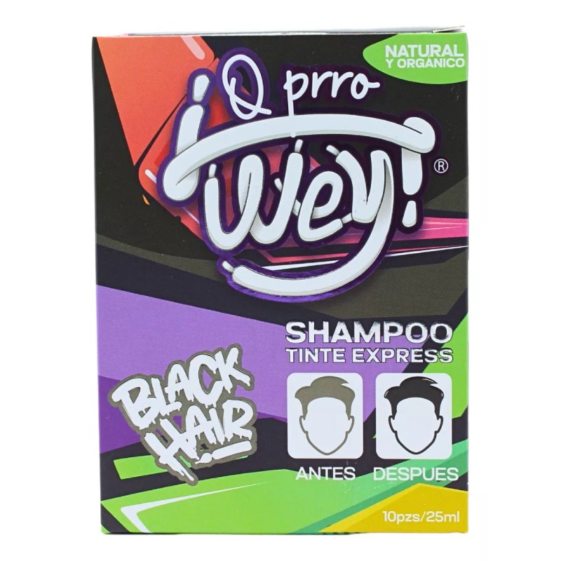¡Q Prro Wey! Tinte Shampoo Express, Cabello Negro, Orgánico/natural 10pzs