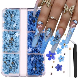 ITPOYOL 3D Flower Nail Art Charms Dark Light Blue Nail Charms for Acrylic Nails Gold Silver Pearls Nail Supplies Rhinestones Spring Blossom Gems Nail Accessories for Women DIY Nail Decorations Design