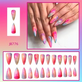24pcs Colorful Press on Nails Long Almond Gradient False Nails With Glue Full Coverage Acrylic Nails Reusable Summer Glue on Nails for Women Manicure