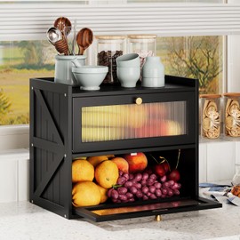 Trironsun Farmhouse Double Layer Black Bread Box with Acrylic Door for Kitchen Counter