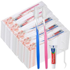 FoldTier 200 juegos de cepillos de dientes desechables con pasta de dientes y hilo dental a granel envueltos individualmente 0.35 oz de pasta de dient