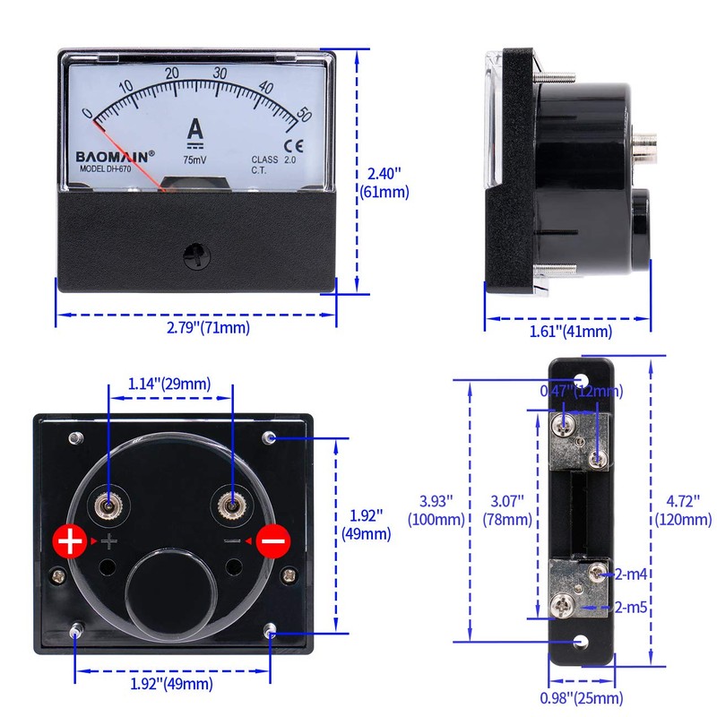 Baomain DH-670 DC 0-50A Analog Amp Panel Meter Current Ammeter