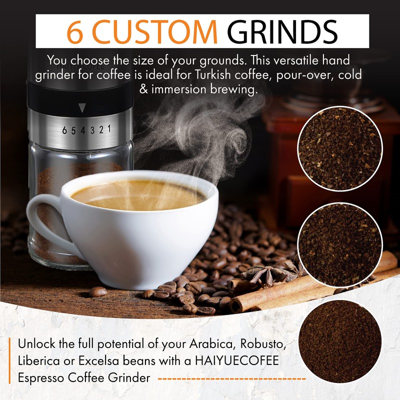 HAIYUECOFEE Manual Coffee Grinder with 6 Adjustable Coarseness Settings, Hand