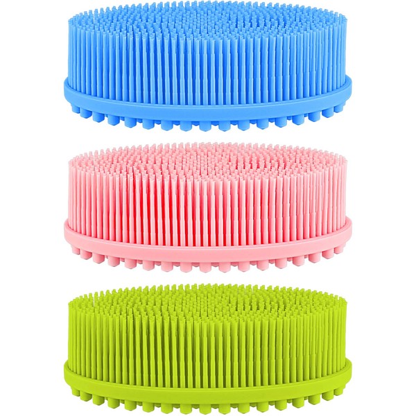 BBTO 3 Pieces Exfoliating Silicone Body Scrubber Body Silicone Scrubber Brush Silicone Body Wash Scrubber for Skin Exfoliation, 3 Colors (Pink, Blue and Green)