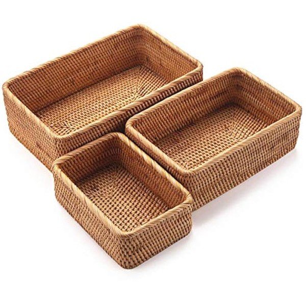 YANGQIHOME Wicker Storage Basket, Rectangular Rattan Fruit Baskets, Natural Woven