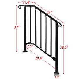 Zwinz Adjustable Handrails for Outdoor Steps, Handrail Picket #2 Fits 2 or 3 Steps, Mattle Wrought Iron Handrail, Stair Rail with Installation Kit for Outdoor Steps