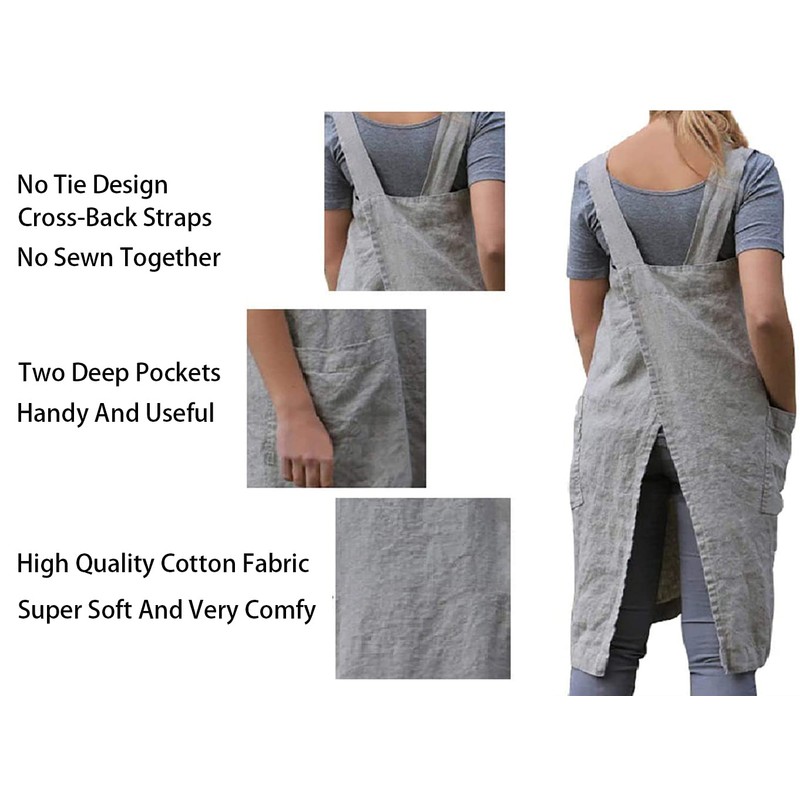 Amlztr Women's Pinafore Apron Cross Back Apron with Pockets Cotton