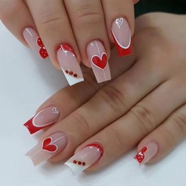 Red French Tip Press on Nails Long Coffin Valentines Day Fake Nails with Glue Red Love Heart Design Rhinestone Charms False Nails Valentine Glue on Nails Artificial Stick on Nails for Women Girls