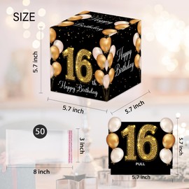 VIVORA 16th Birthday Money Box for Cash Pull, Happy Birthday Black Gold Boxes Gifts for Money Pull Out Card, 50Pcs Transparent Bags