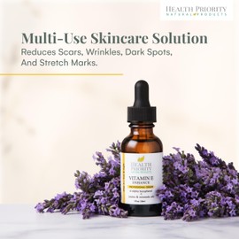 Health Priority Naturals Organic Vitamin E Oil for Skin - 1 Fl oz Vitamin E Serum with Jojoba and Avocado Oil - 15000 IU Lavender Unscented, Handcrafted for Face and Hair, Non-GMO and No Gluten