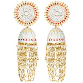 Aheli Floral Meenakari Enamel Faux Kundan Long Pearl Hanging Ethnic Jhumka Earrings Indian Traditional Bollywood Jewelry Gift for Women Sky Blue