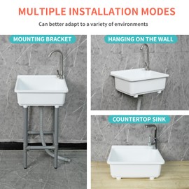 Freestanding Single Bowl Utility Sink, Kitchen Wall-Mounted Sink 16.9 x 12.8 Inch laundry tub With 1.26 faucet hole Plastic Sinks for Home Restaurant Dorm Garage Bathroom,Laundry slop sink (white)