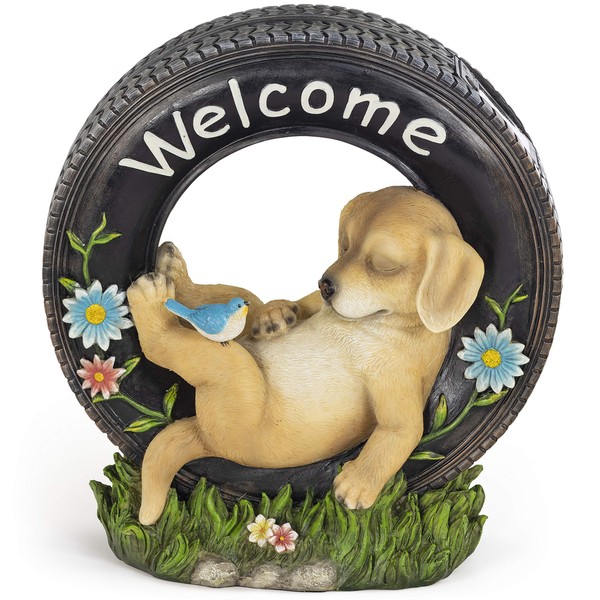 VP Home Chillaxing Welcome Puppy Dog Solar Powered LED Outdoor Decor Garden Light Outdoor Decor Garden Light Welcome Chillax Puppy Statues Outdoor Funny Figurine Decor for Outside Patio, Yard, Lawn