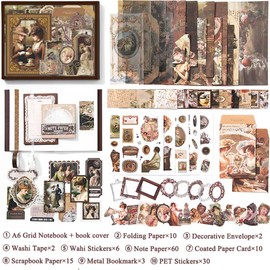 Vilikya Vintage Scrapbooking Supplies Kit for Junk Journal Supplies, Aesthetic Scrapbook Kit with Scrapbooking Paper A6 Grid Notebook, Washi Journaling Stickers for Bullet Journal Planner DIY Craft