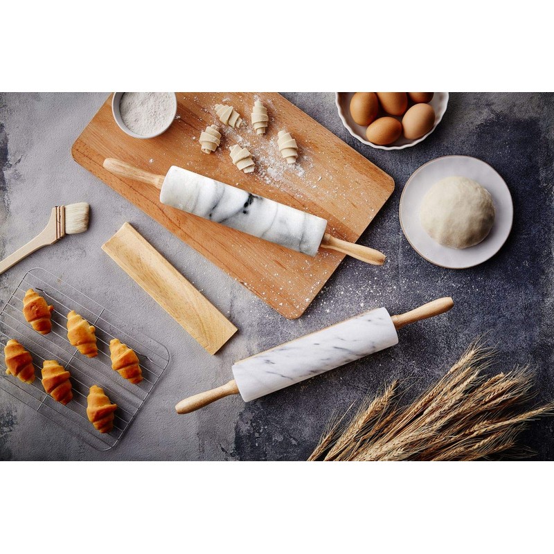 JEmarble Rolling Pin-Wooden Handles(White)(Premium Quality) Polished Surface 18-inch(10"Barrel) Genuine Stone