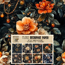 Paquete de papel Decoupage (24 hojas de 6 x 6 pulgadas), flores de color ámbar: flores de color naranja radiantes mejoradas con lujosos detalles de joyas para exquisitas manualidades y aplicaciones de