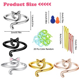 5 Pcs Crochet Ring, Adjustable Knitting Ring Loop Crochet Ring Crochet Rings for Fingers with Sewing Needles for Hand Weaving Cute Cat Opening Finger Crochet Rings for Hand Weaving
