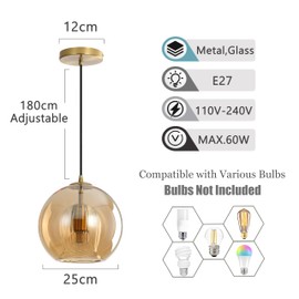 XIRYTU-H Modern Amber Glass Globe Pendant Light with Gold Socket, E26 Industrial Hanging Lamp, Kitchen Island Ceiling Light for Dining Rooms, Living Rooms, Staircases (9.8'')